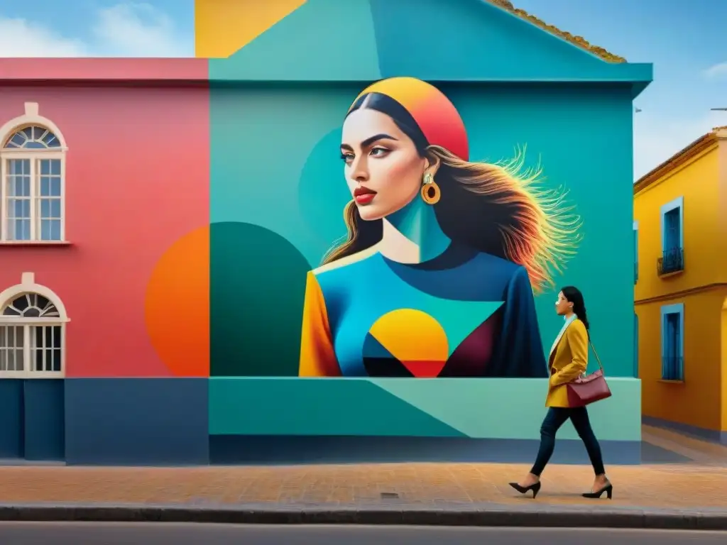 Arte urbano en Maldonado Uruguay: Detallado mural vibrante con formas geométricas y retratos realistas en una pared de la ciudad