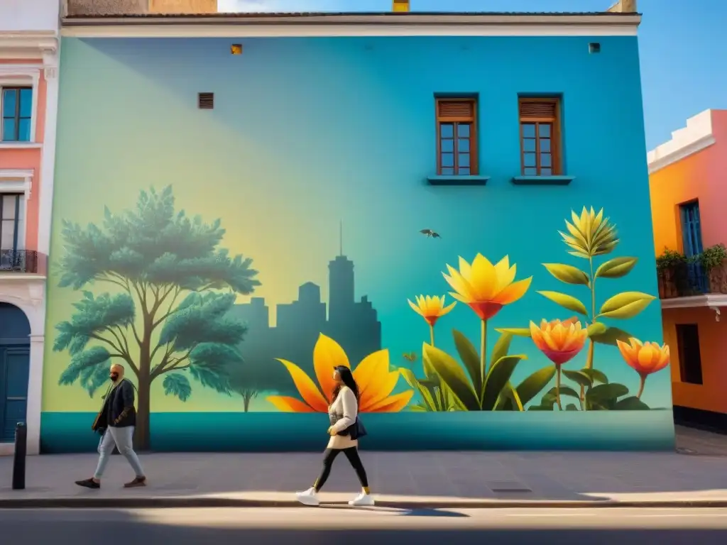 Arte urbano en espacios públicos Uruguay: mural colorido de Montevideo con flora, fauna y símbolos culturales, impresionando a transeúntes