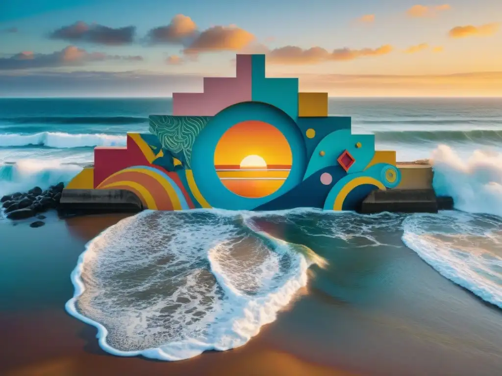 Arte urbano en playas uruguayas: mural colorido de criaturas marinas y formas geométricas surrealistas en la playa al atardecer