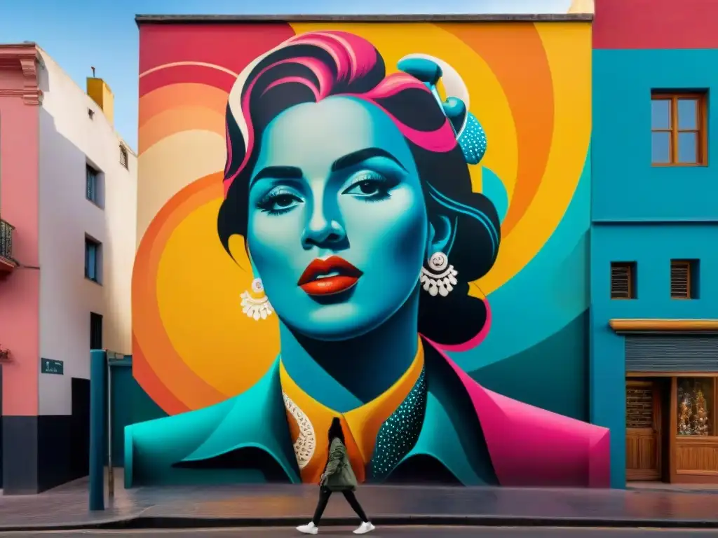 Arte urbano en Montevideo: retrato de artista callejero rodeado de patrones y colores vibrantes, mientras peatones admiran la obra