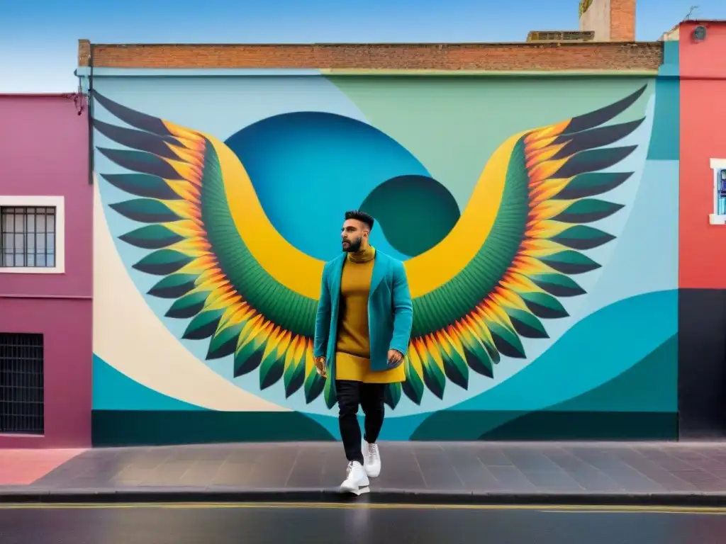 Arte urbano en Montevideo: mural vibrante con criatura mítica, formas abstractas y colores vivos