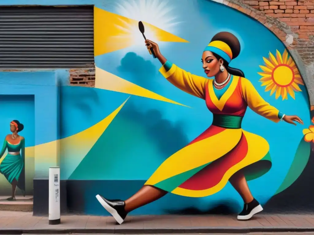 Arte urbano en Uruguay: Mural vibrante de candombe en Montevideo, con danzas tradicionales y colores intensos