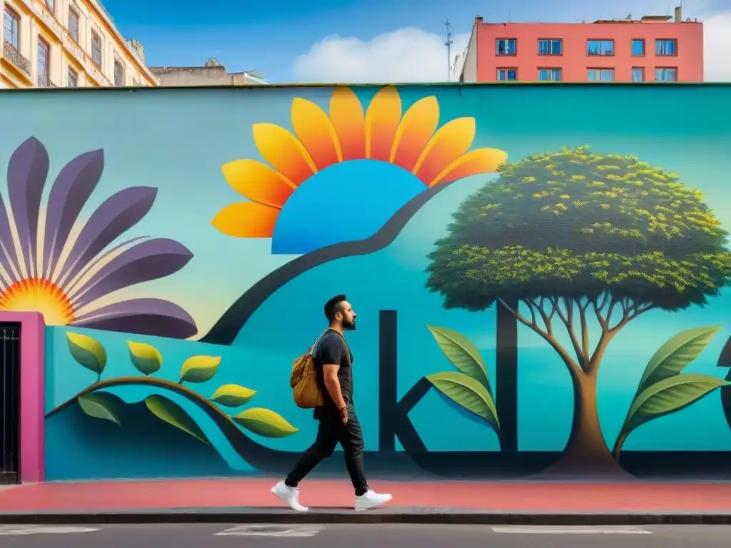 Arte urbano en Uruguay: mural vibrante con influencias internacionales y locales, flora y fauna colorida bajo la luz del sol