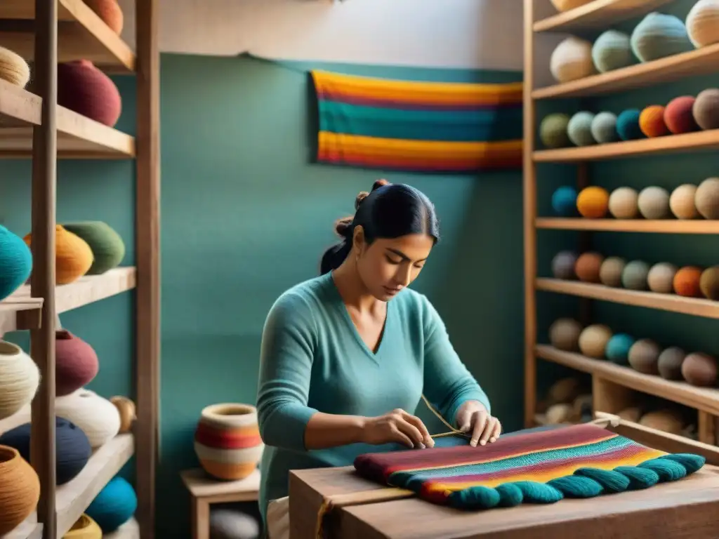 Artesanía local en Uruguay: Artesano tejiendo una colorida tapicería a mano en un taller rústico lleno de textiles y cerámica