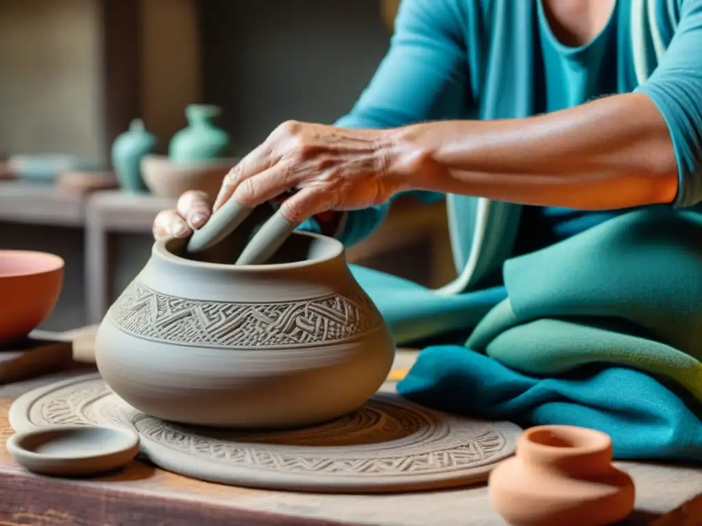 Artesanía local en Uruguay: artesano experto moldeando cerámica tradicional con herramientas coloridas y textiles vibrantes