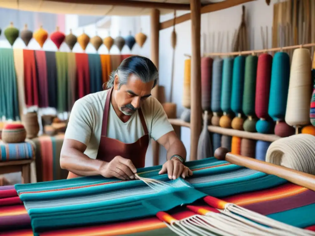 Artesanía local en Uruguay: Artesanos uruguayos creando textiles tradicionales en un mercado vibrante