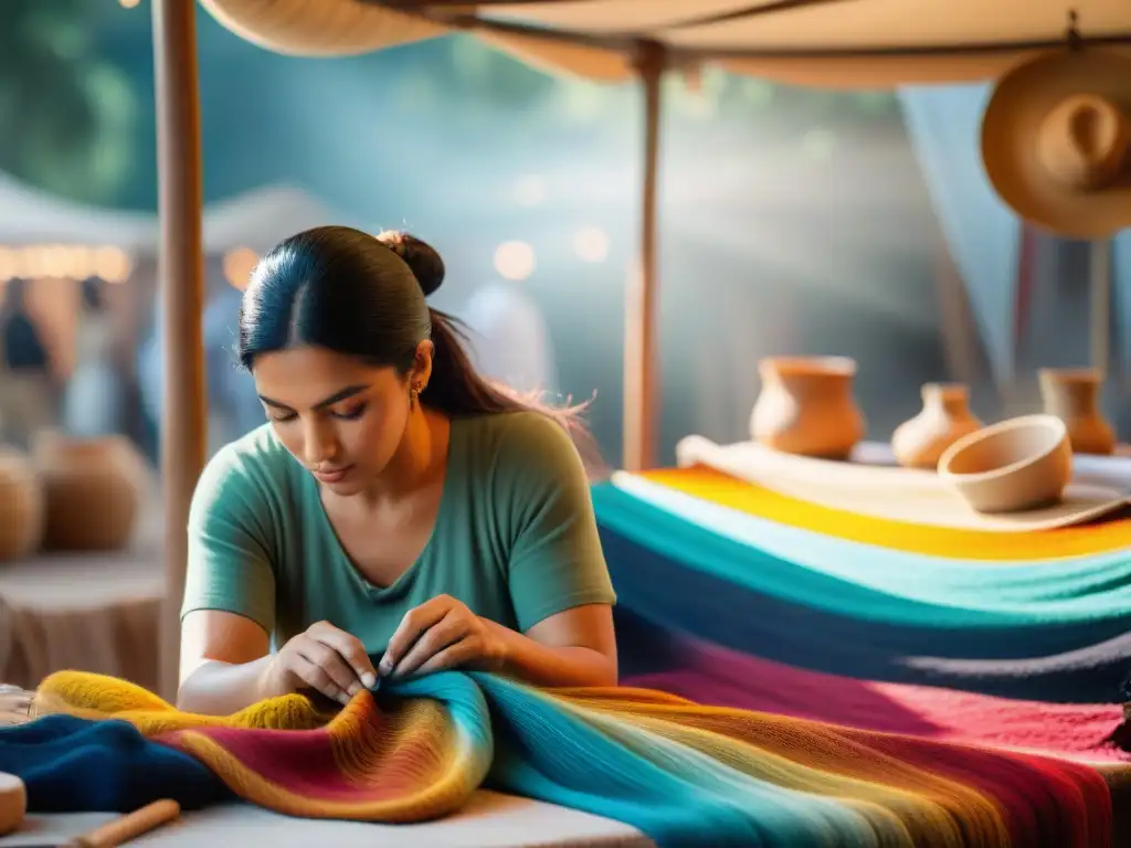 Artesanía en vivo en Uruguay: artesano experto tejiendo una colorida tapicería en feria artesanal vibrante