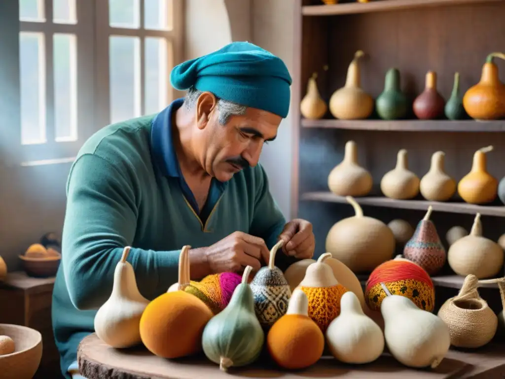 Artesanías tradicionales de Uruguay: Hábiles artesanos decoran mates con precisión y dedicación, iluminados por la cálida luz del sol