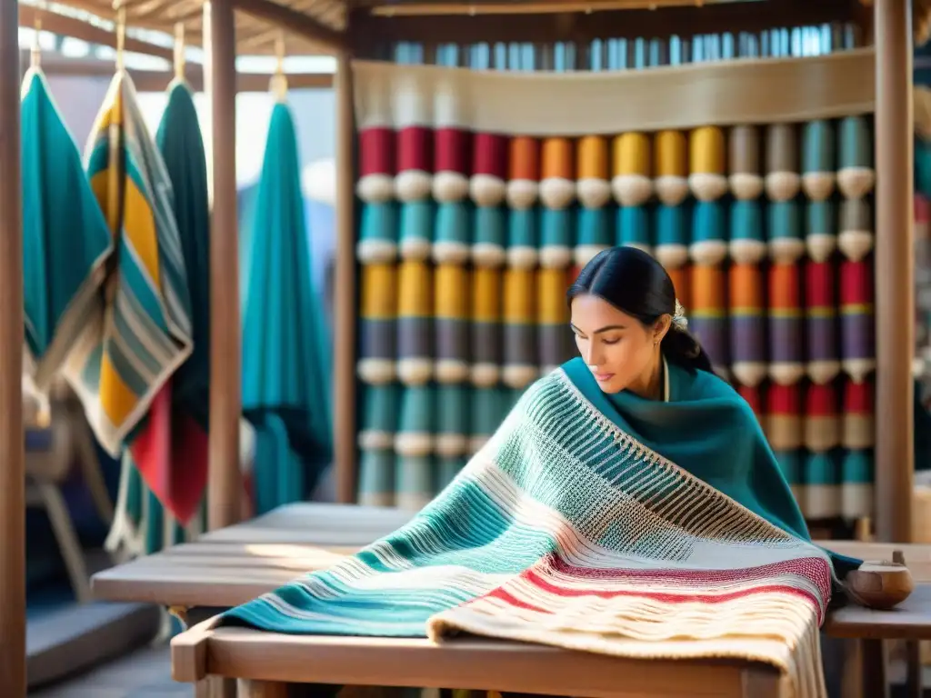 Artesanías tradicionales uruguayas en mercado de Montevideo: tejidos detallados, colores vibrantes y experiencias únicas ferias artesanales Uruguay