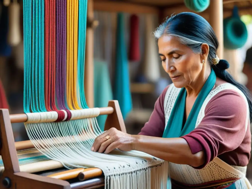 Artesanías uruguayas hechas a mano: Detalle de artesano tejiendo una hermosa tapicería en mercado vibrante de Uruguay