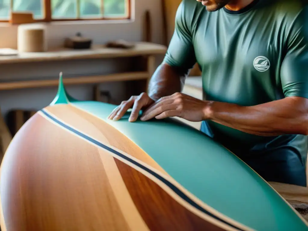 Un artesano aplica un acabado brillante a una tabla de surf para Uruguay en un taller tradicional