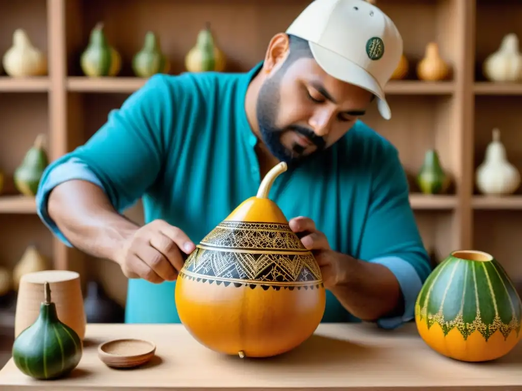 Un artesano tallando una calabaza de mate en Melo, Uruguay, resaltando la artesanía local