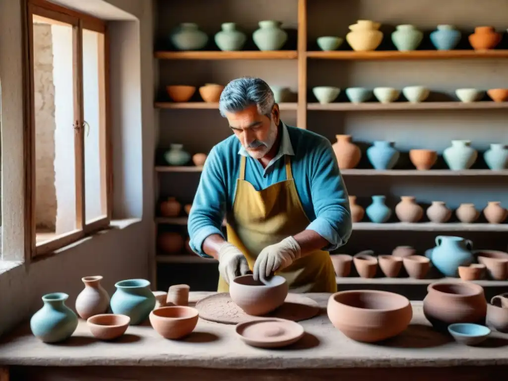 Un artesano en Uruguay moldea cerámica en un taller rústico, resaltando las tradiciones y artesanías rurales de Uruguay