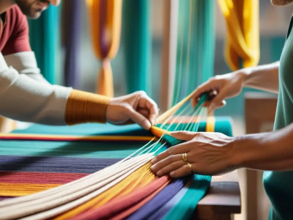 Un artesano teje con destreza una colorida tapicería en una feria artesanal, entre productos únicos que cuentan historias