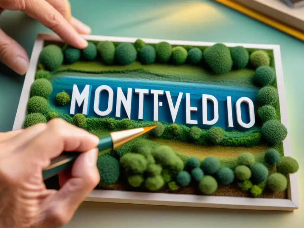 Un artesano detallista creando una réplica miniatura del icónico 'Montevideo Sign' en Uruguay