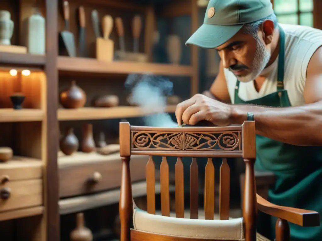 Un artesano restaura con esmero una silla vintage uruguaya, revelando su rica historia en un taller rústico bajo luz natural suave