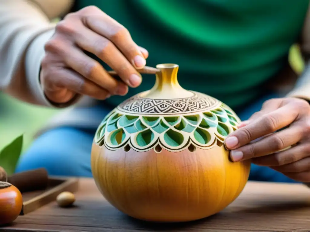 Un artesano experto tallando diseños en una calabaza mate en Artigas, Uruguay