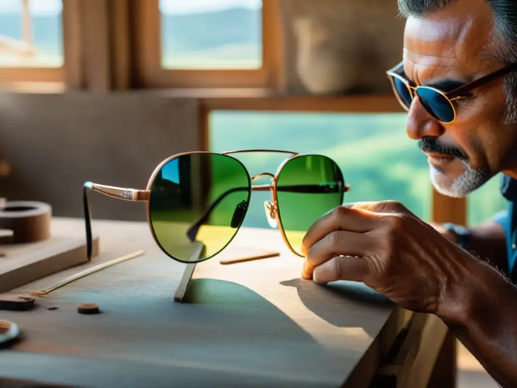 Un artesano experto confecciona gafas de sol para Uruguay con dedicación y precisión en un taller tradicional, iluminado por la luz del sol