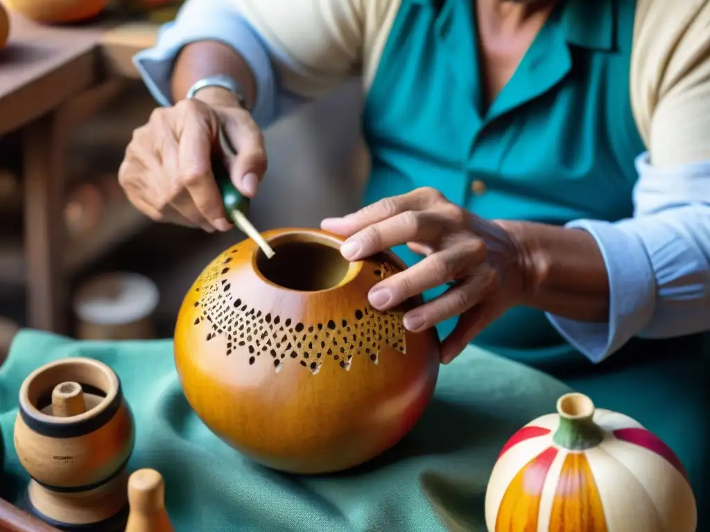 Un artesano experto talla detallados diseños en un mate de cuero en el bullicioso Mercado del Puerto de Montevideo, rodeado de coloridos souvenirs