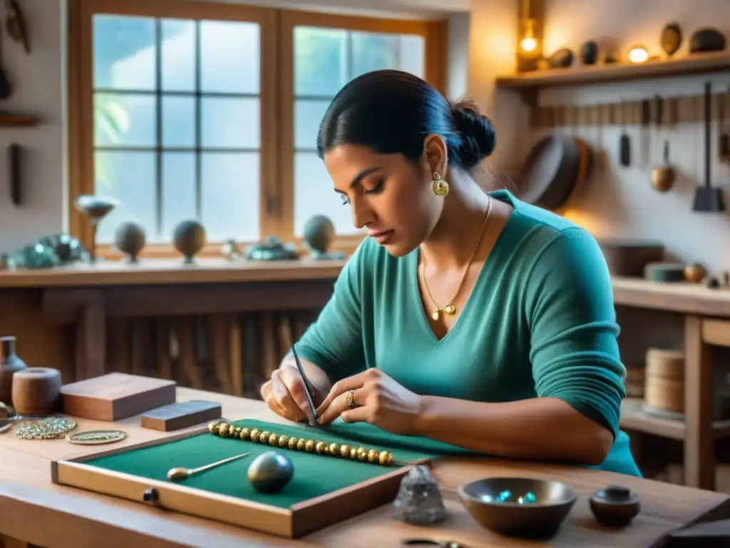 Un artesano hábil trabaja en un taller de joyería artesanal en Uruguay, creando piezas únicas con dedicación y destreza