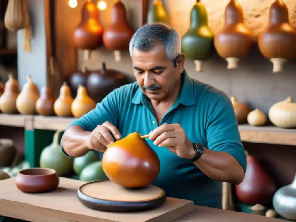 Un artesano local crea un mate de cuero en el bullicioso Mercado del Puerto de Montevideo