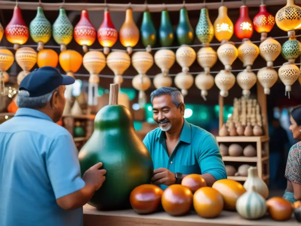 Artesano crea mate de cuero en el Mercado del Puerto Montevideo con souvenirs y textiles coloridos