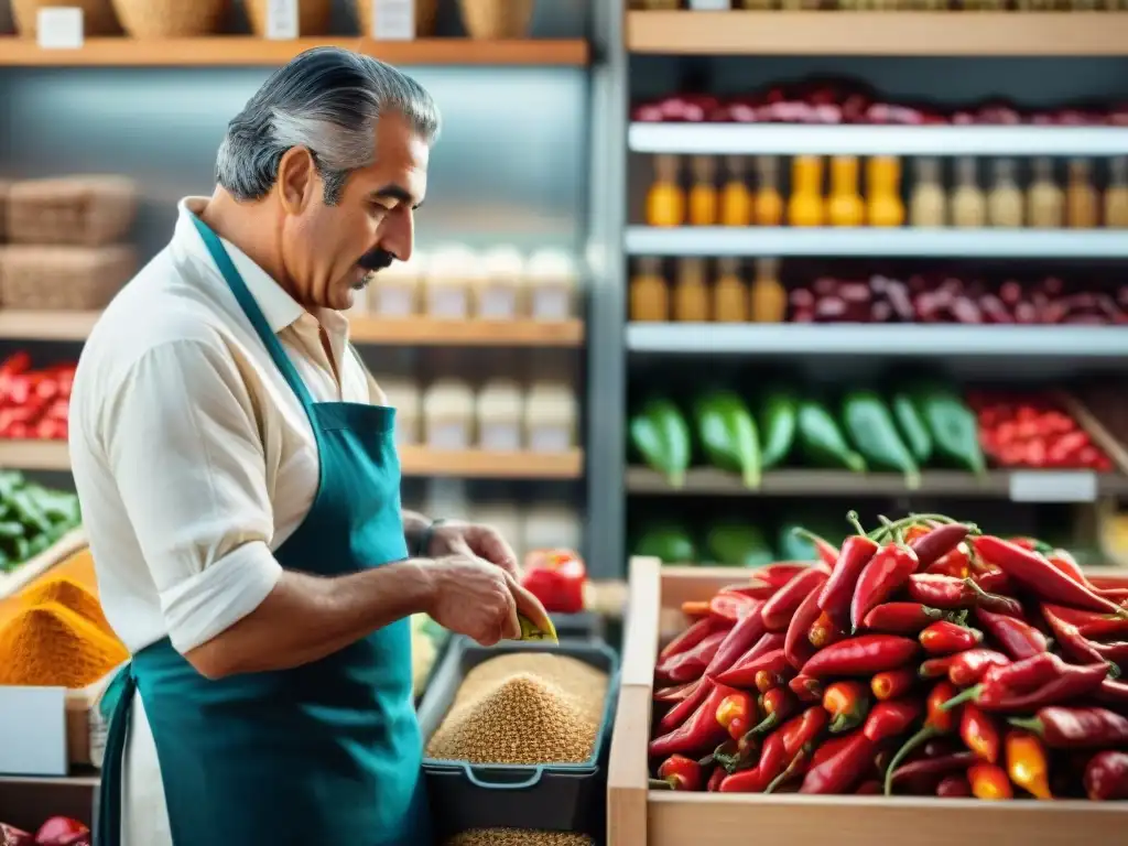 Artesano seleccionando pimientos rojos en mercado gourmet de Uruguay Un artesano selecciona los mejores pimientos rojos en un mercado gourmet en Uruguay