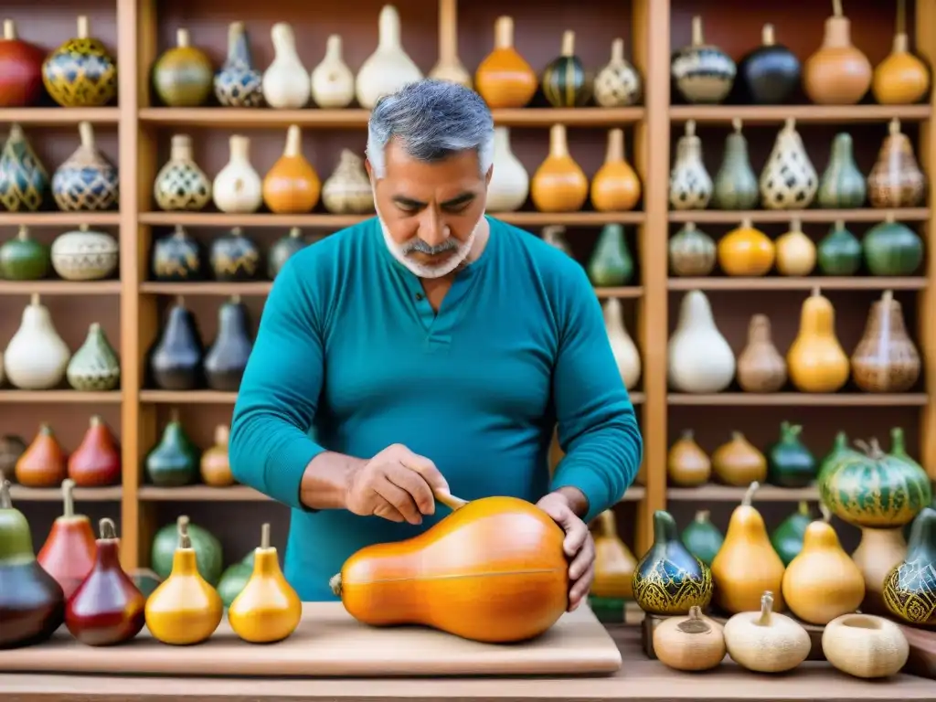 Un artesano en Mercado del Puerto, Montevideo, talla mates de cuero con diseños únicos y coloridos, reflejo de la cultura uruguaya