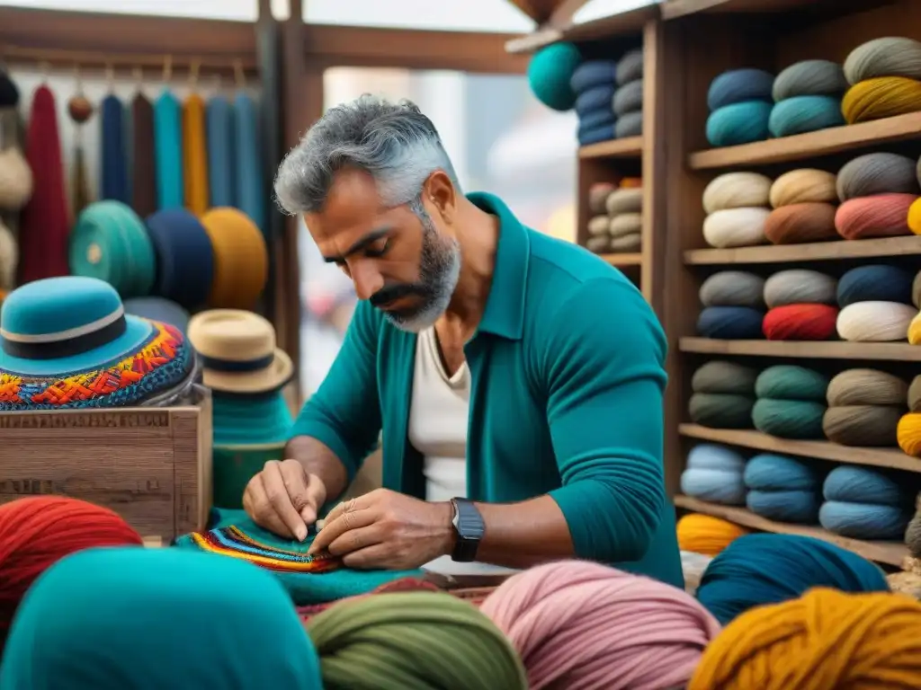 Un artesano en un mercado de Montevideo crea souvenirs coloridos