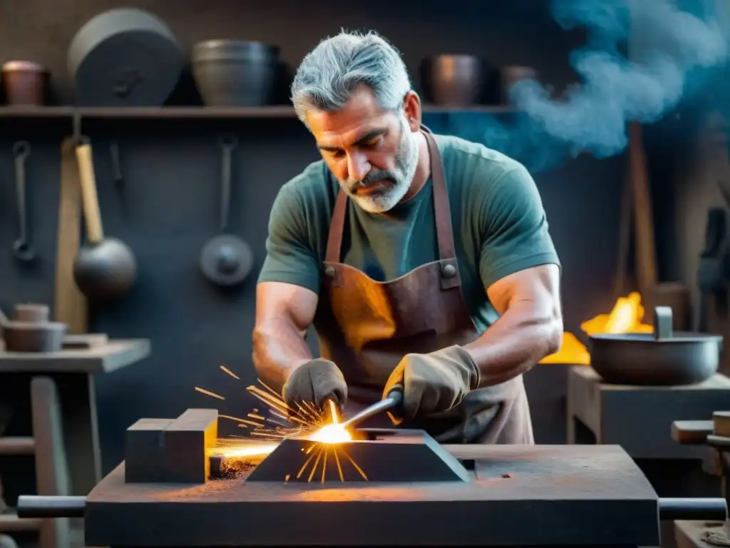 Artesano en Uruguay moldea metal caliente con destreza en taller de herrería, iluminado por metal fundido