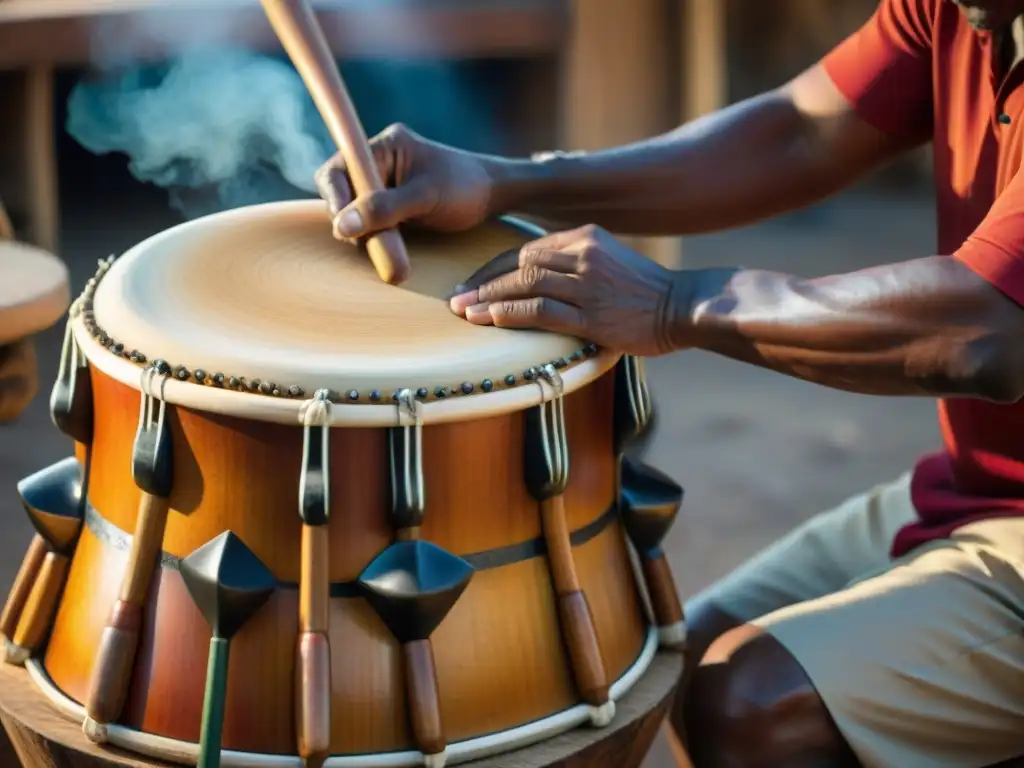 Artesano construyendo tambor candombe paso a paso con precisión y dedicación