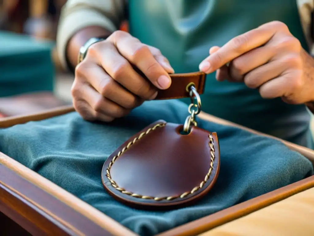 Un artesano crea souvenirs originales en una feria de Uruguay, con detalles y colores vibrantes