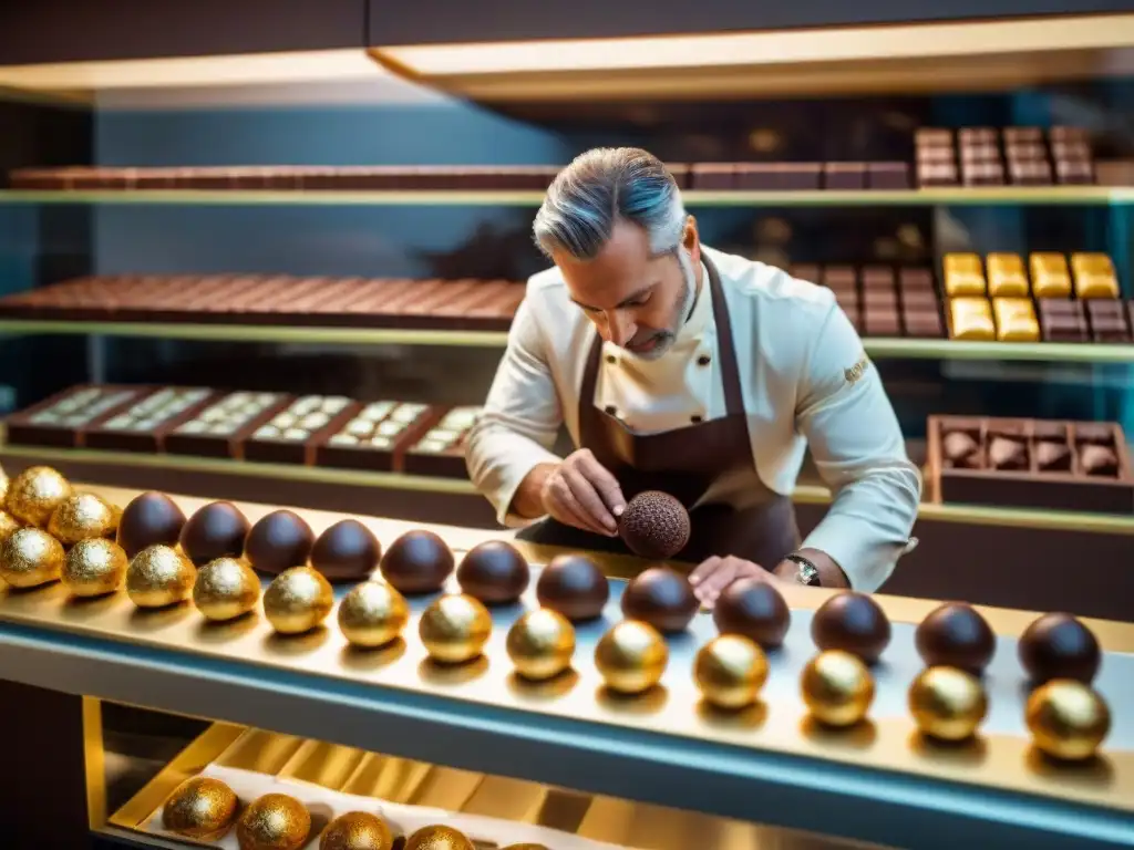 Artesano decorando un trufa con pan de oro en chocolatería de lujo en Uruguay