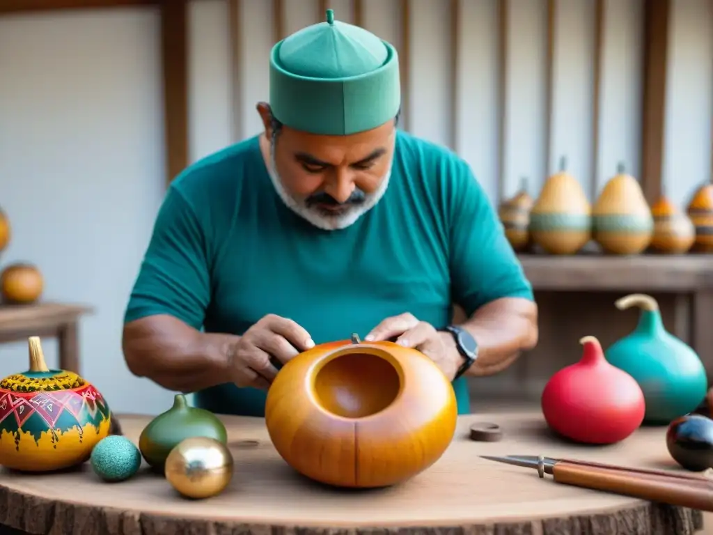 Un artesano uruguayo creando arte auténtico en una feria artesanal, rodeado de coloridos hilos y herramientas tradicionales