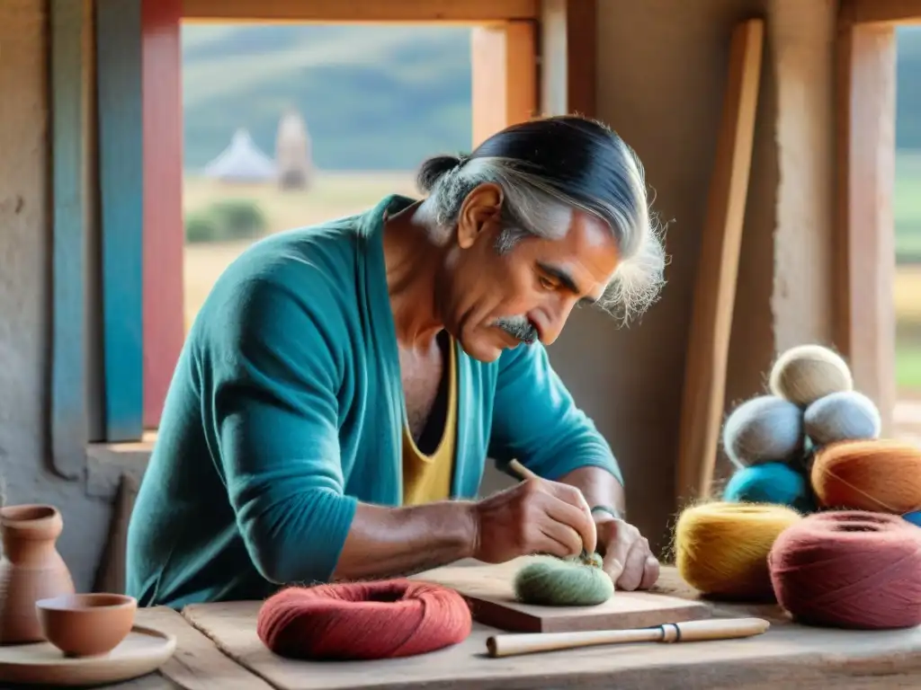 Un artesano uruguayo crea artesanías rurales con pasión, rodeado de colores vibrantes y la tranquilidad del campo