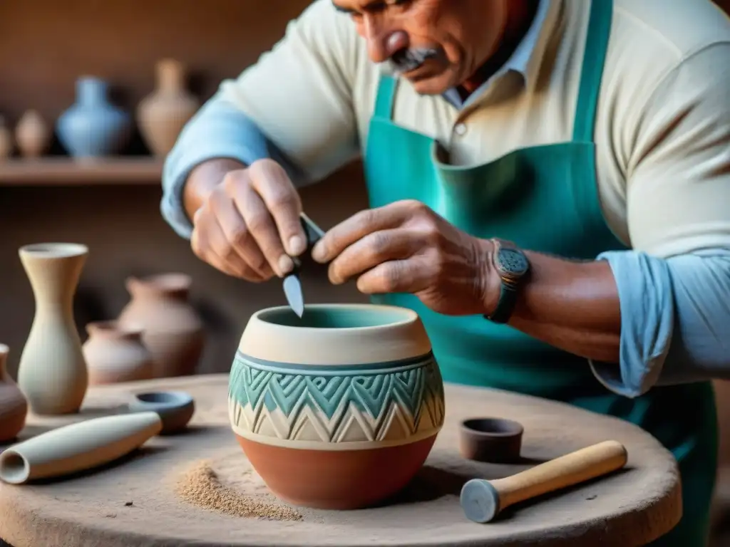 Artesano uruguayo creando artesanías tradicionales de Uruguay con dedicación y destreza