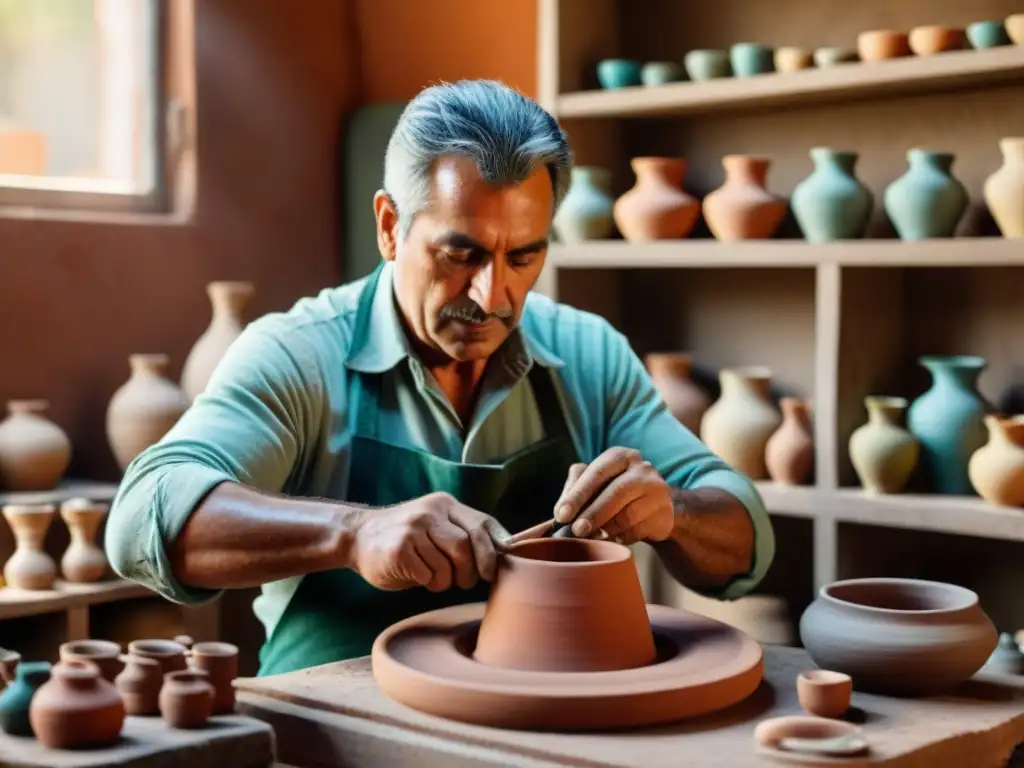 Un artesano uruguayo creando artesanías tradicionales en un taller lleno de herramientas y piezas de cerámica, destacando la dedicación y maestría