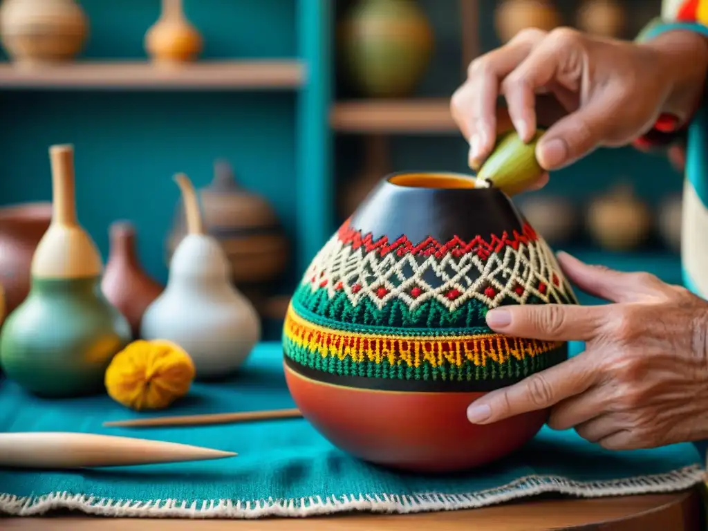 Un artesano uruguayo crea artesanías únicas en una feria, tallando detalles en un mate gourd