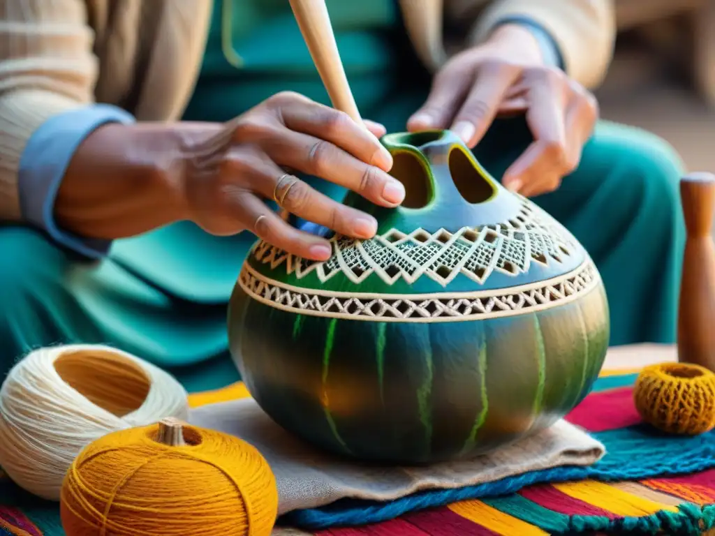 Un artesano uruguayo auténtico tallando una calabaza mate rodeado de ferias artesanales uruguayas auténticas