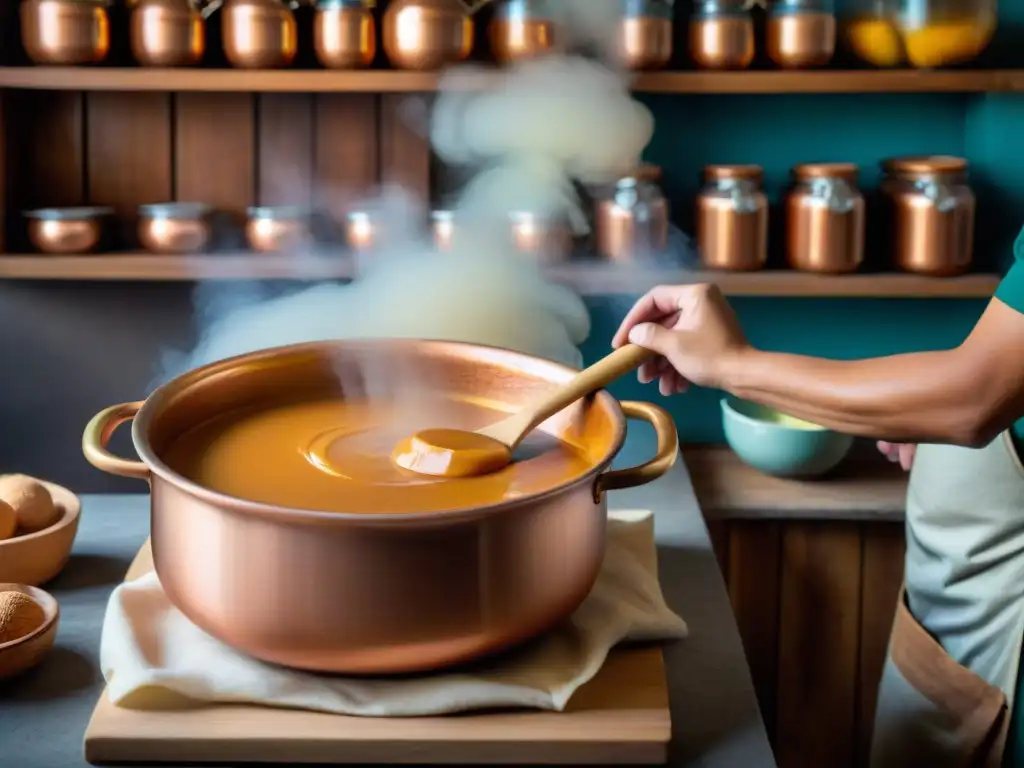 Un artesano uruguayo auténtico remueve dulce de leche en olla de cobre, en cocina tradicional