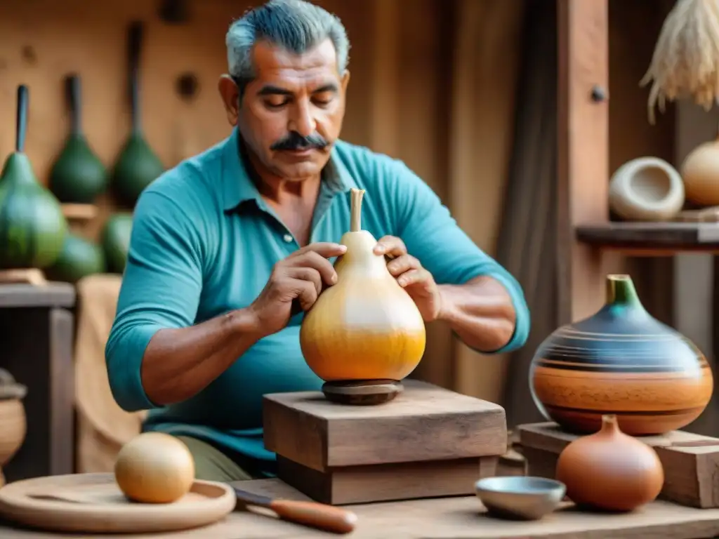 Un artesano uruguayo auténtico tallando un mate, rodeado de herramientas y materiales en un taller rústico