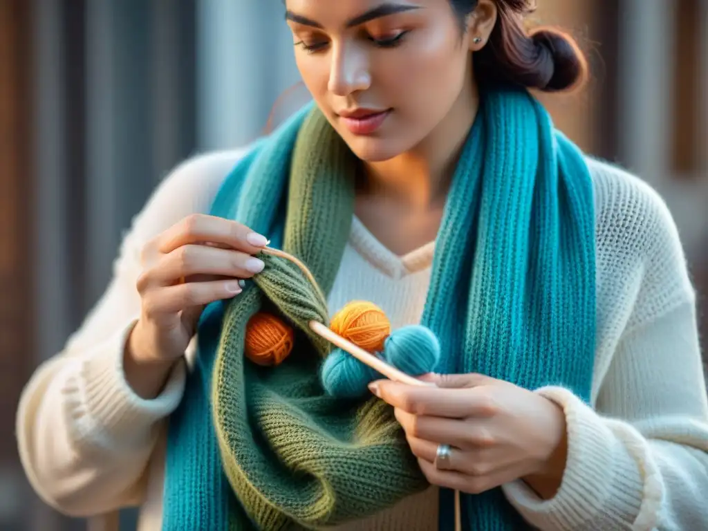 Un artesano uruguayo tejiendo bufandas y guantes de invierno con destreza y colorido en Uruguay