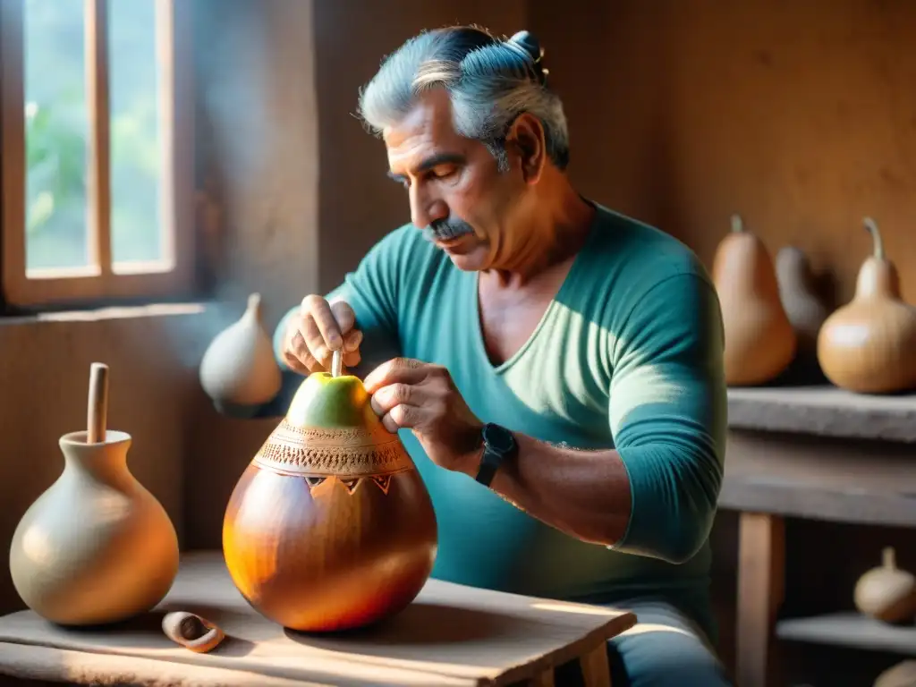 Un artesano uruguayo tallando una calabaza mate, reflejando la artesanía auténtica y tradicional de Uruguay