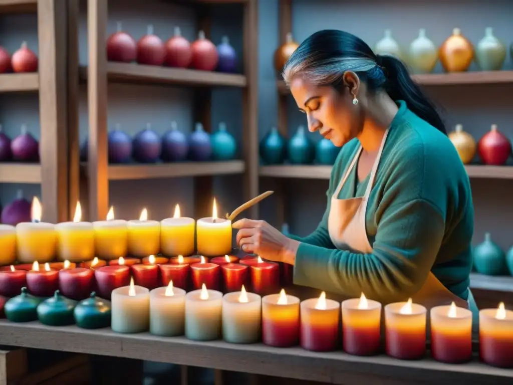 Un artesano uruguayo vierte cera fundida en un molde de vela, demostrando su habilidad en la creación de velas artesanales en Uruguay