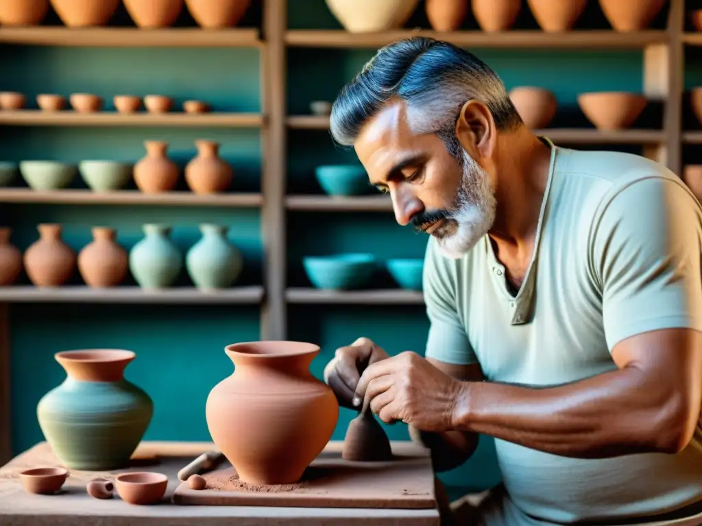 Artesano uruguayo moldeando cerámica, detalle y tradición en artesanías y tradiciones rurales Uruguay