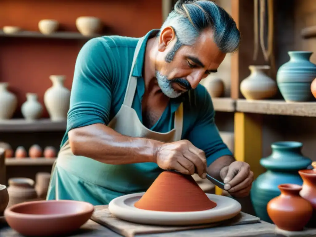 Artesano uruguayo moldeando cerámica a mano en taller rústico, reflejando la tradición de artesanías uruguayas hechas a mano