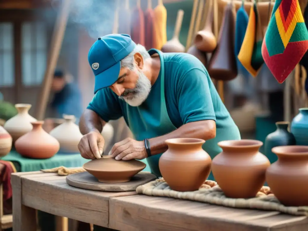 Un artesano uruguayo crea cerámica en vivo en una feria local, rodeado de coloridas artesanías