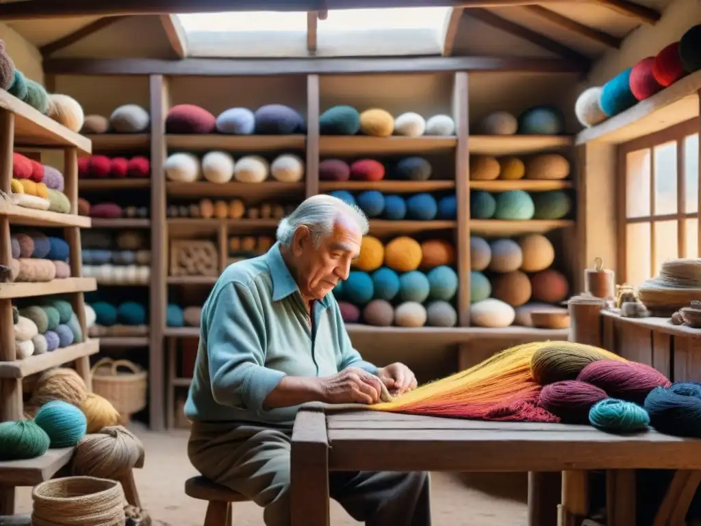 Un artesano uruguayo tejiendo una colorida artesanía en un taller rústico, rodeado de hilos y herramientas tradicionales