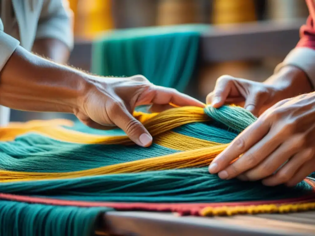 Artesano uruguayo tejiendo una colorida tapicería en mercado artesanal, mostrando historias detrás productos ferias artesanales