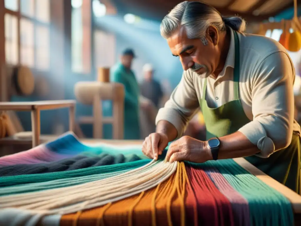 Un artesano uruguayo tejiendo una colorida tapicería en una feria artesanal, rodeado de historias detrás de los productos